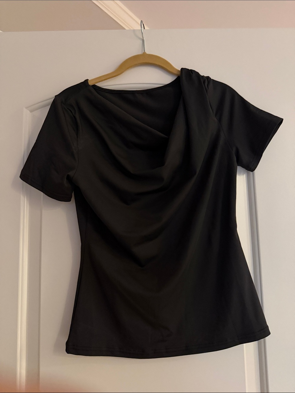 Women’s Black Short-Sleeve Draped Cowl Neck Tee